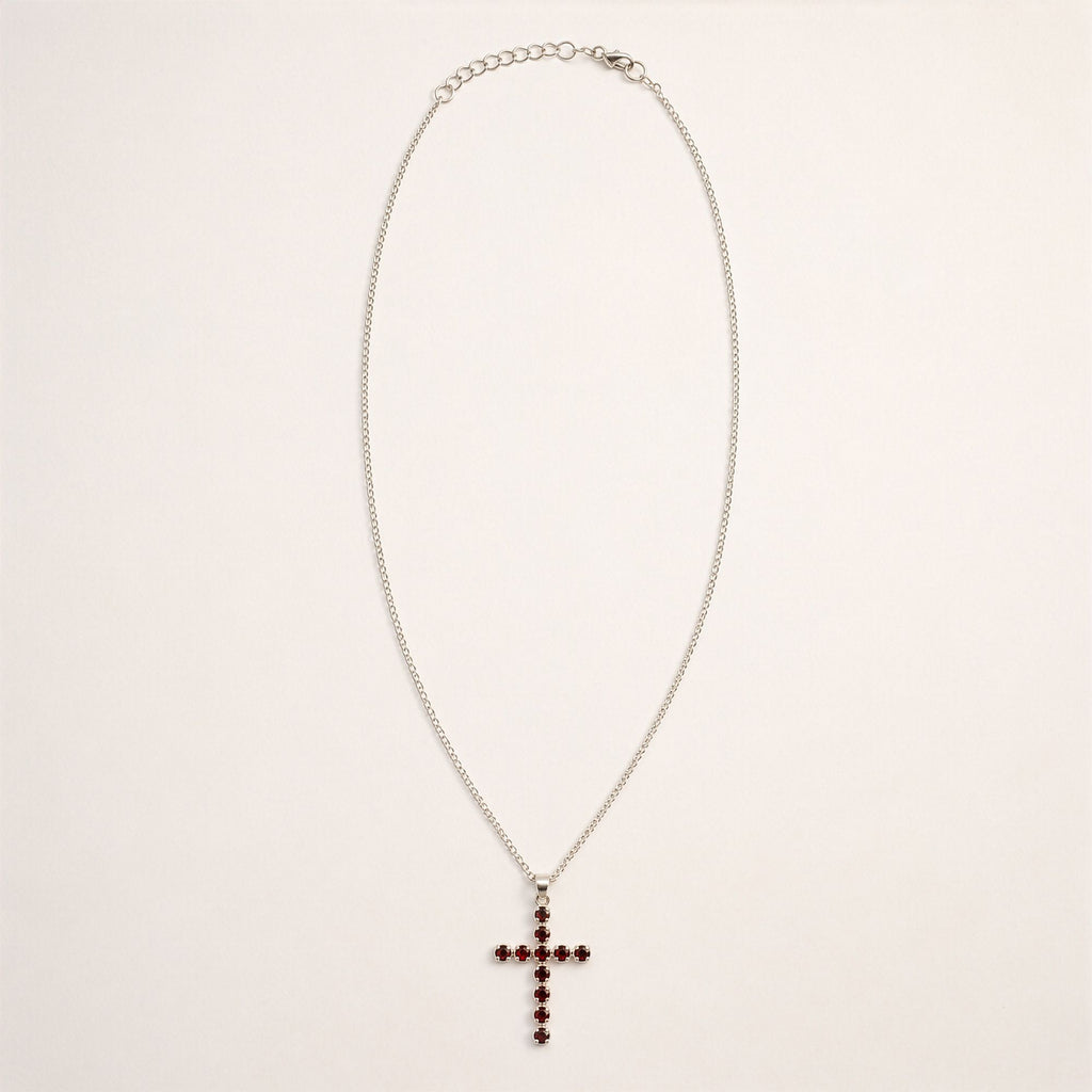 Garnet Crucifix Pendant | Silver Plated | 45cm Chain