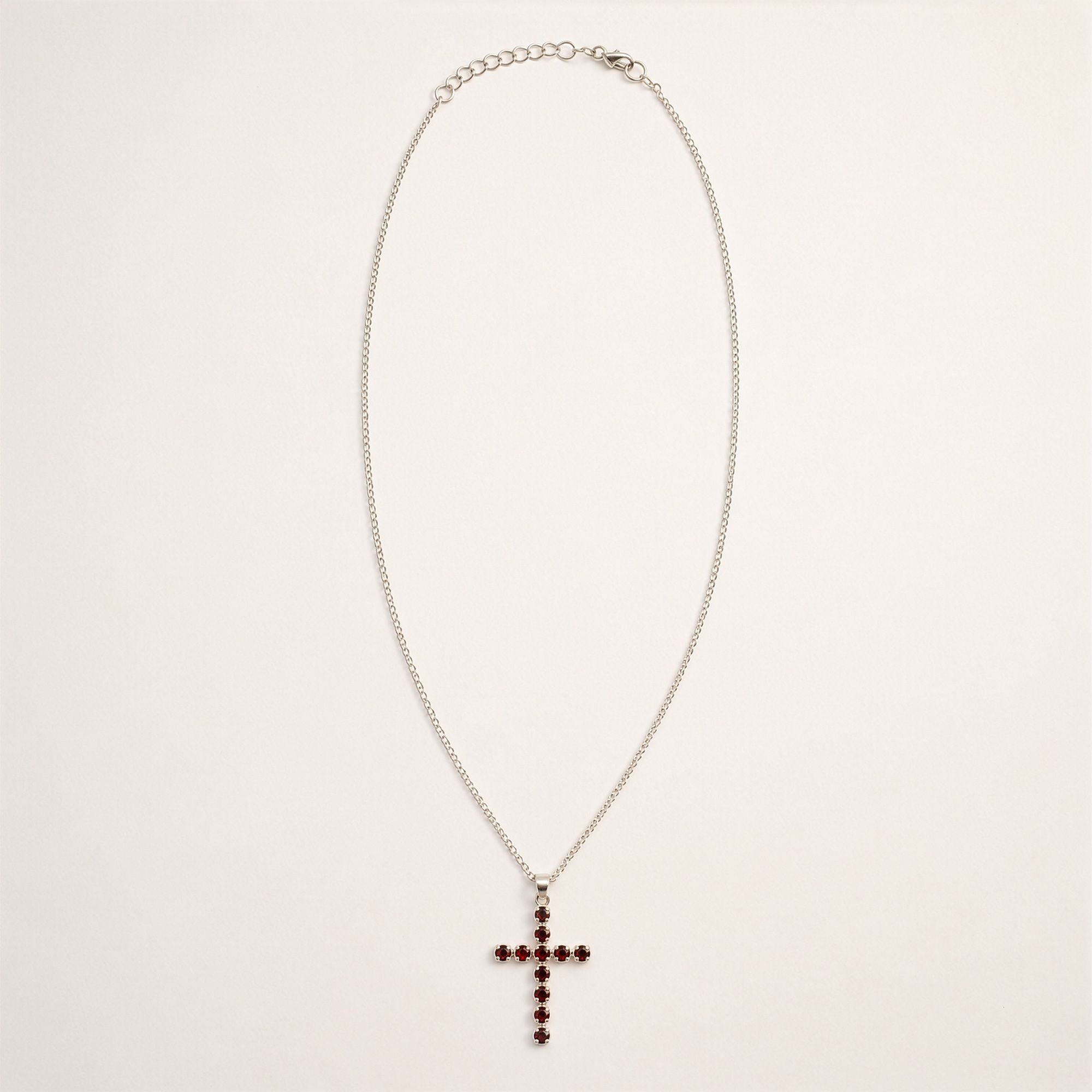 Garnet Crucifix Pendant | Silver Plated | 45cm Chain