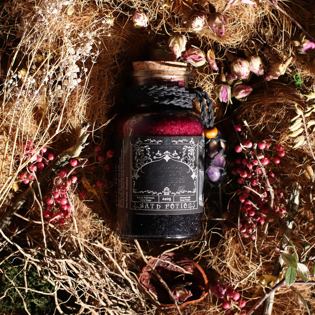 Ancient Witch Seduction Bath Spell Potion & Amethyst Crystal Amulet