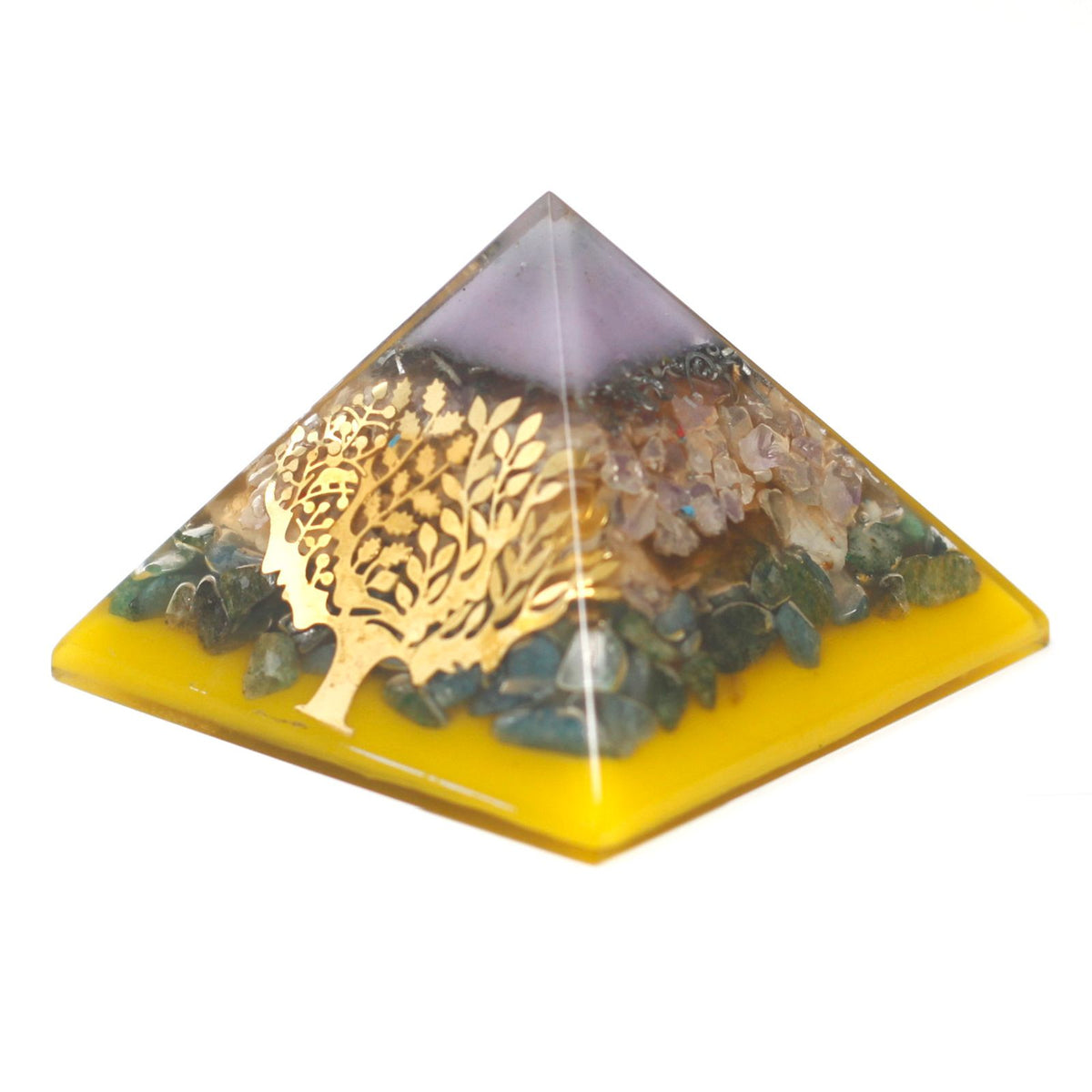 Large Tree Design Orgonite Pyramid - 70 mm Gold Base