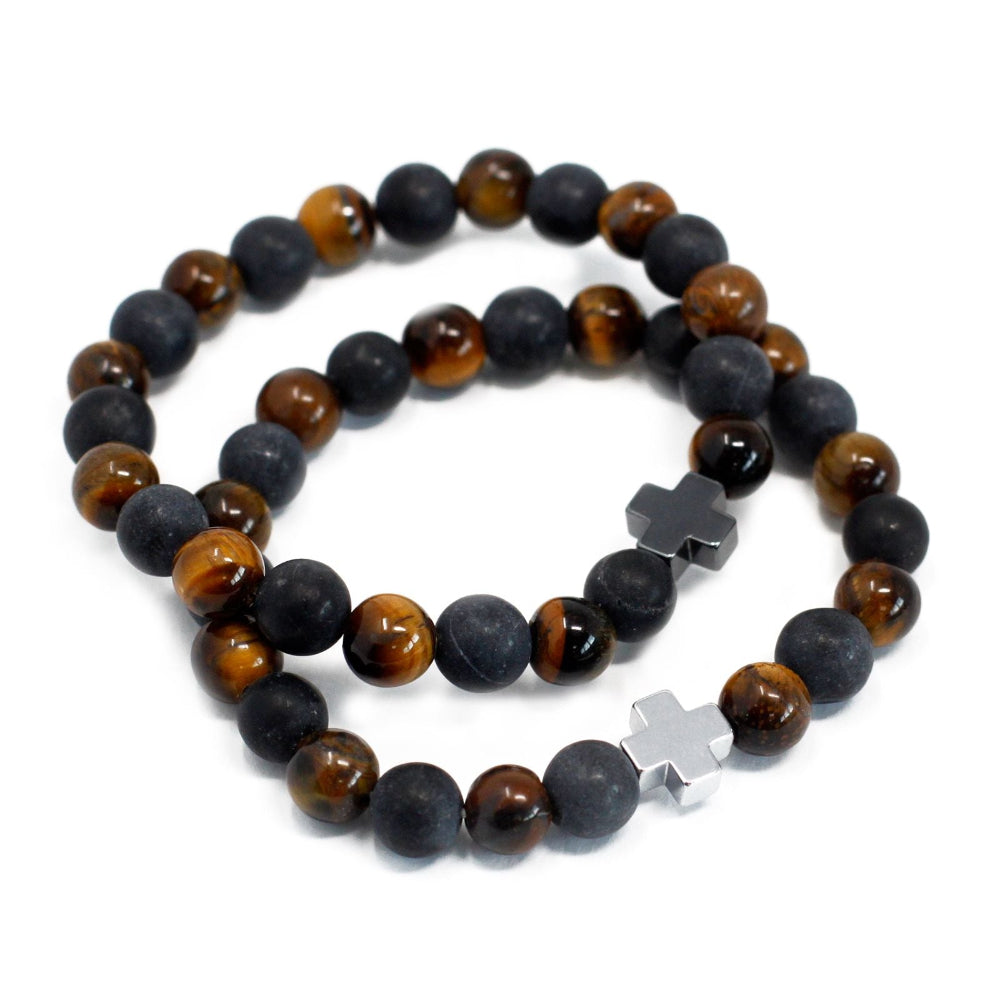 Tiger Eye & Black Stone Set of 2 Gemstones Friendship Bracelets - Power