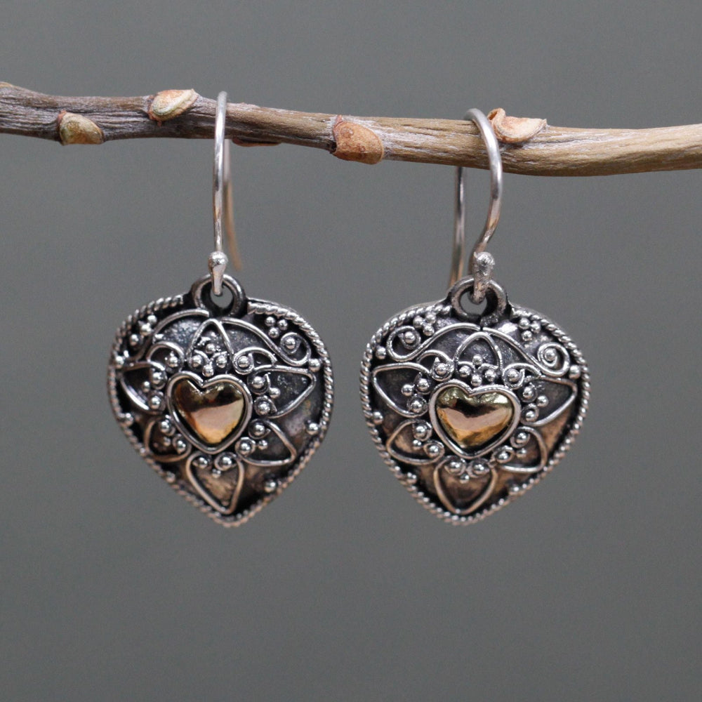 Mandala Hearts Silver & Gold Earrings