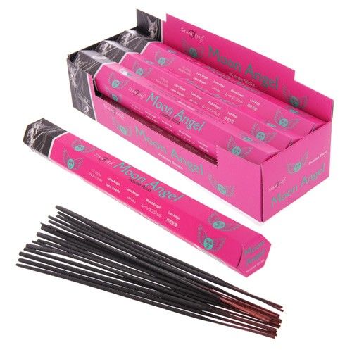 Pink boxes of Moon Angel incense sticks on a white background
