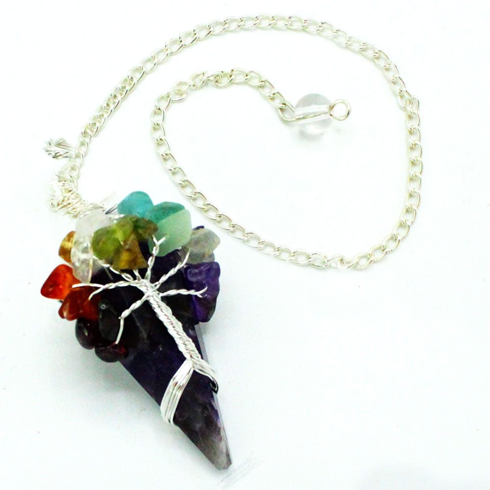Amethyst Seven Chakra Pendulum | Crystal Dowser with Chakra Stones