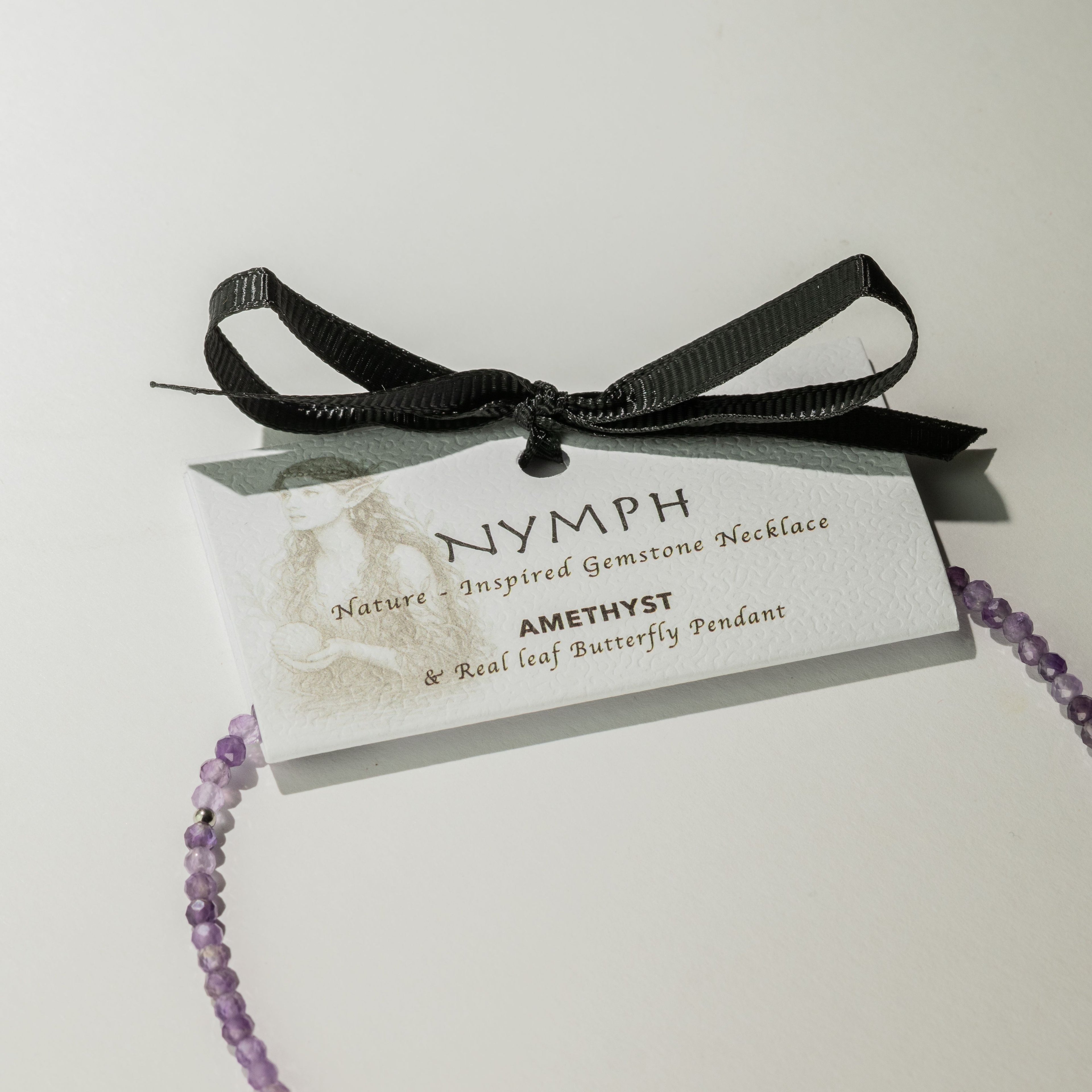 Nymph Amethyst Gemstone Necklace with Real Leaf Butterfly Pendant