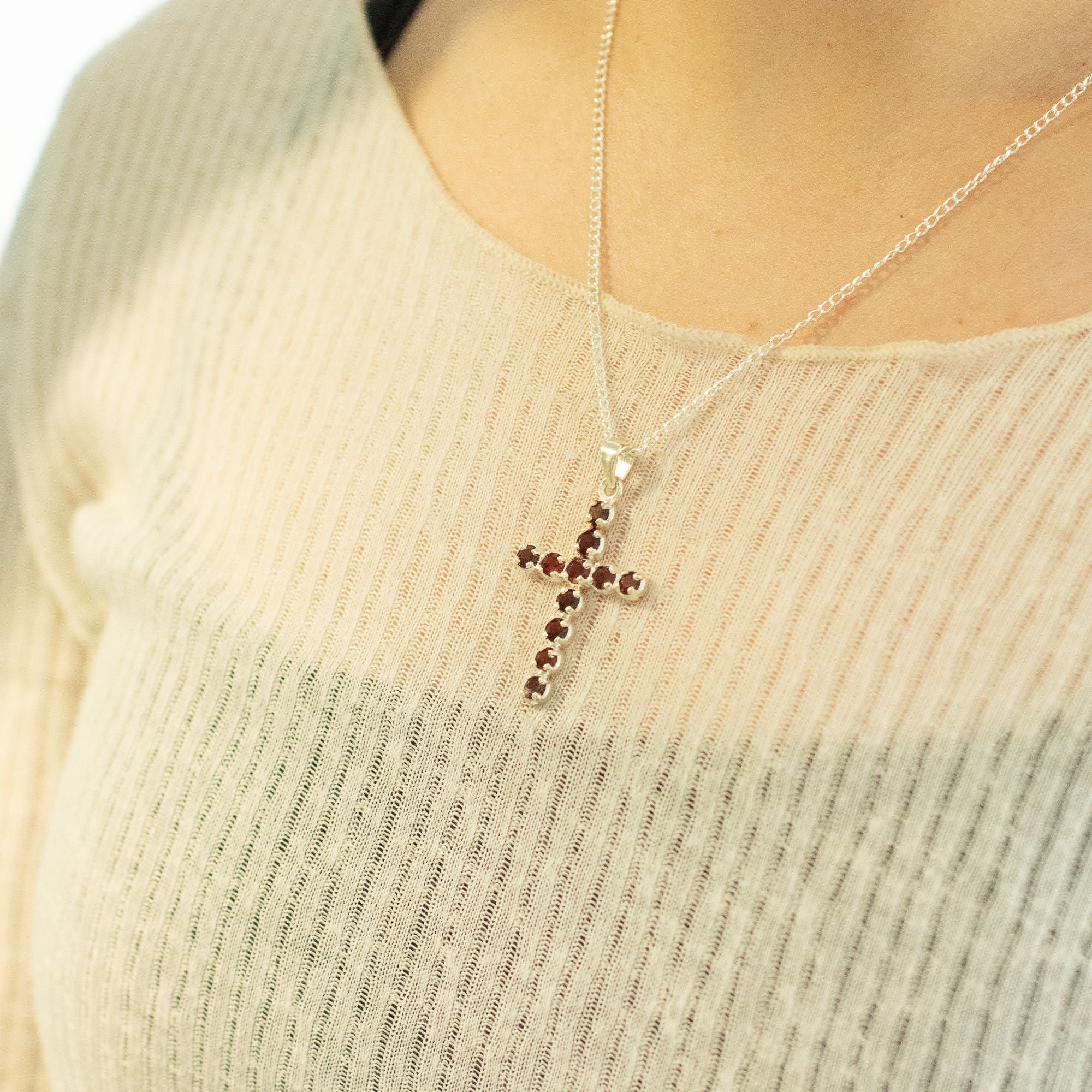 Garnet Crucifix Pendant | Silver Plated | 45cm Chain