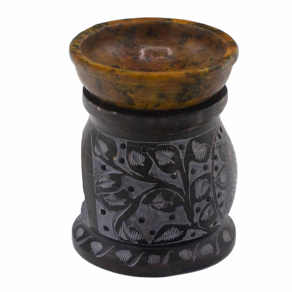 Decorative oil burner with brown top and black base featuring floral patterns on a white background