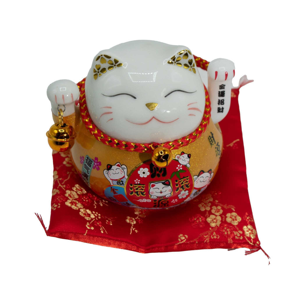 Gold Ceramic Money Cat On Cushion With Moving Hand