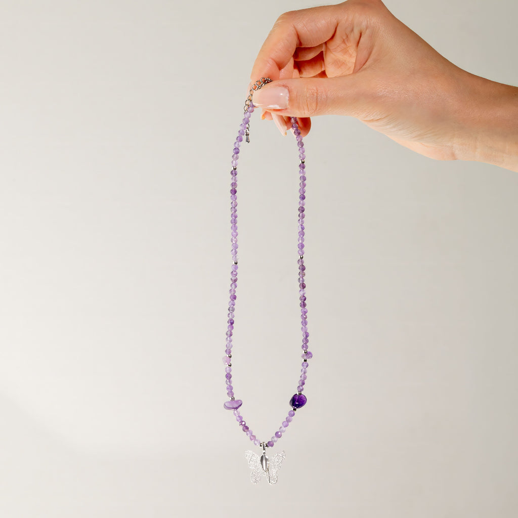 Nymph Amethyst Gemstone Necklace with Real Leaf Butterfly Pendant