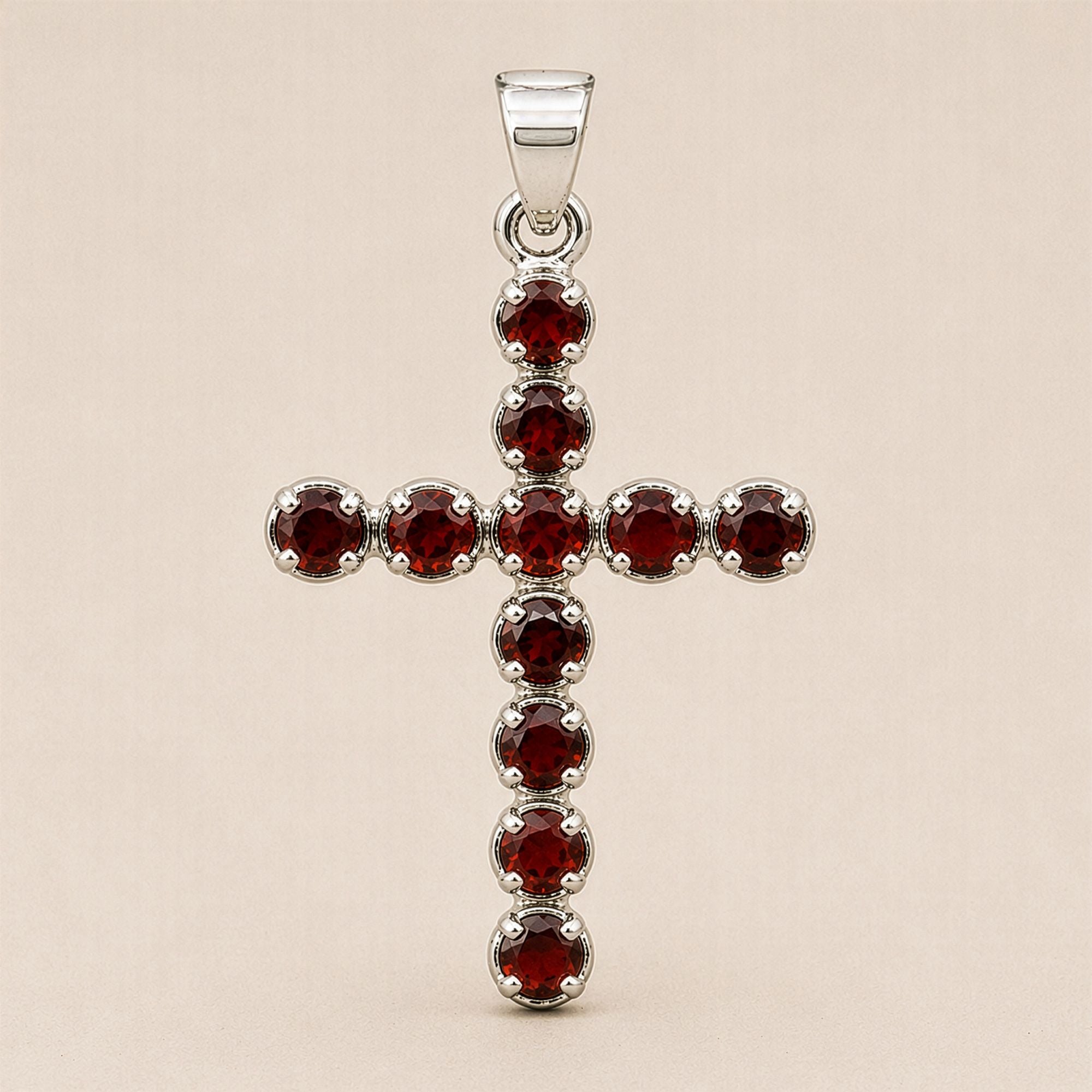 Garnet Crucifix Pendant | Silver Plated | 45cm Chain