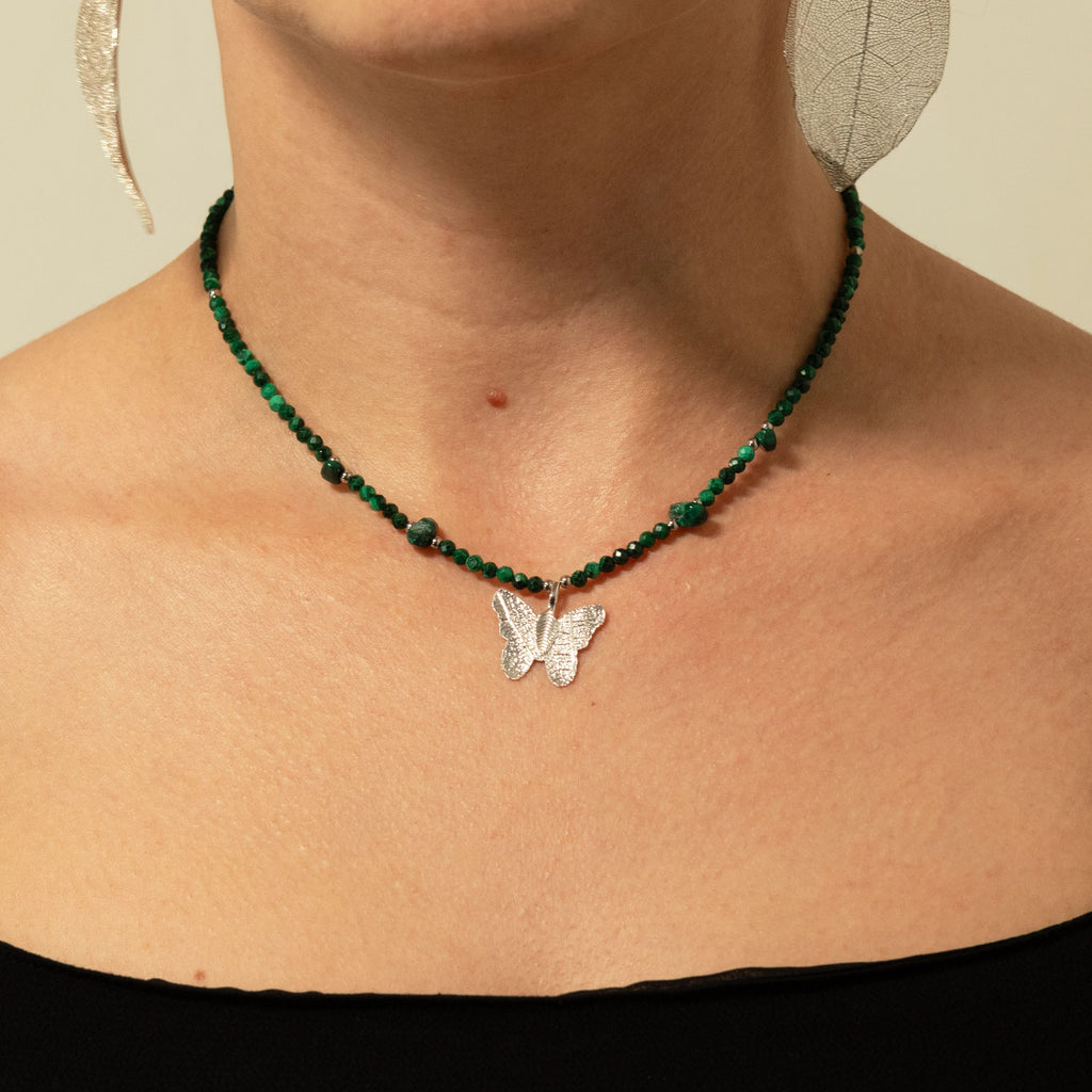 Nymph Malachite Gemstone Necklace | Real Leaf Butterfly Pendant