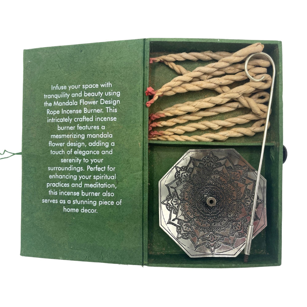 Mandala Flower Rope Incense and Silver Plated Holder Set