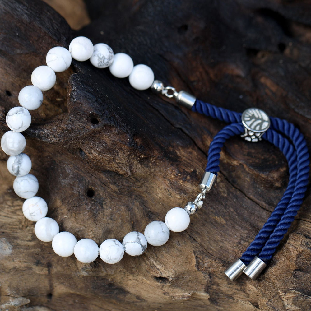 White Howlite 925 Silver Plated Gemstone Navy String Bracelet