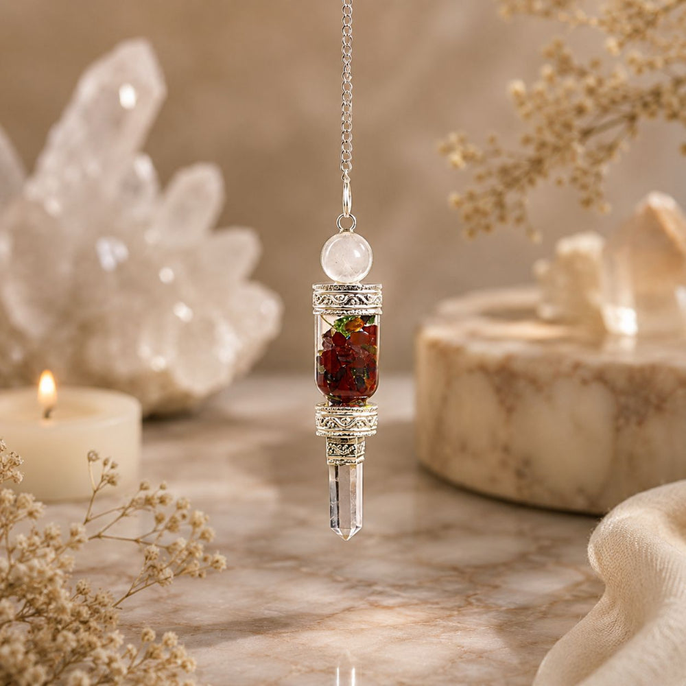 Floating Chakra Pendulum | Clear Quartz Point with Floating Chakra Stones