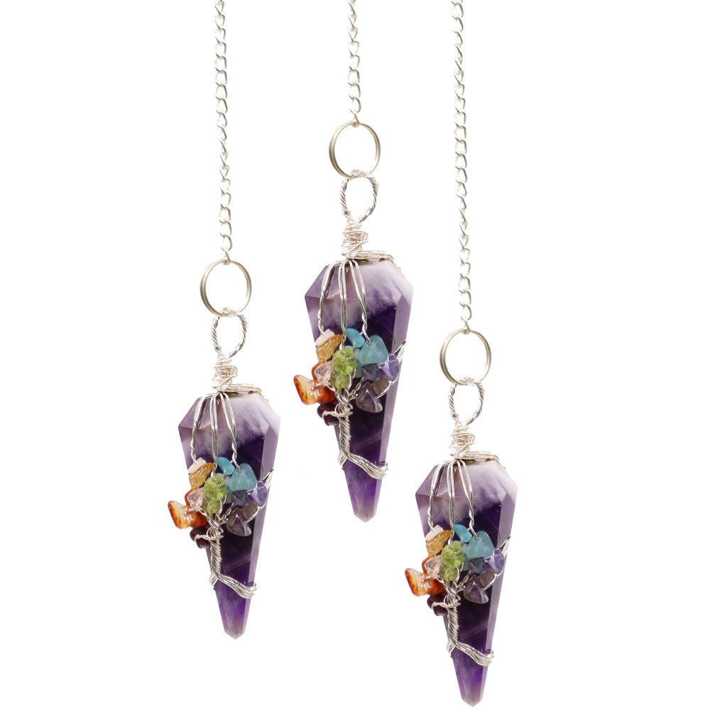 Amethyst Seven Chakra Pendulum | Crystal Dowser with Chakra Stones