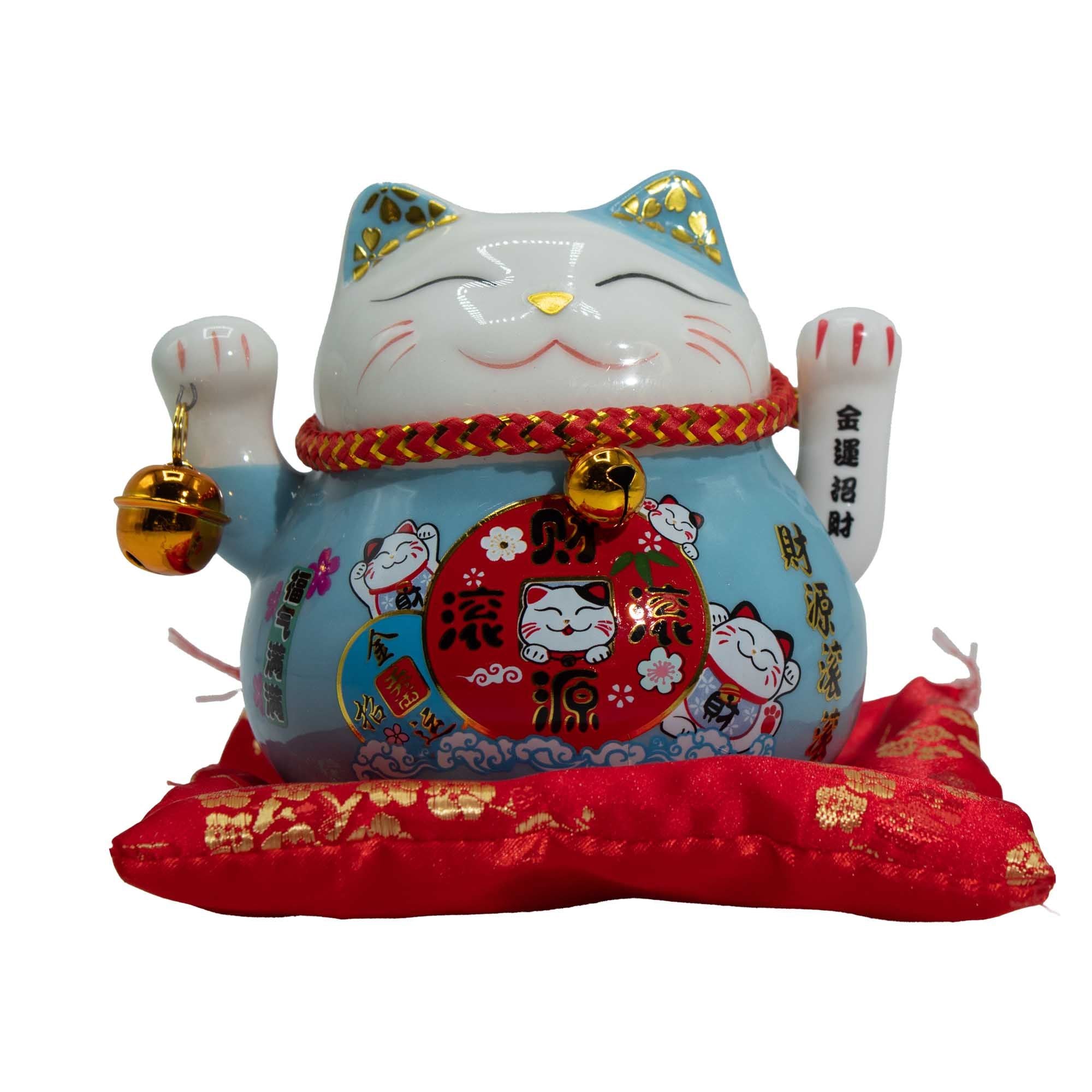 Blue Ceramic Money Cat on Cushion Moving Hand