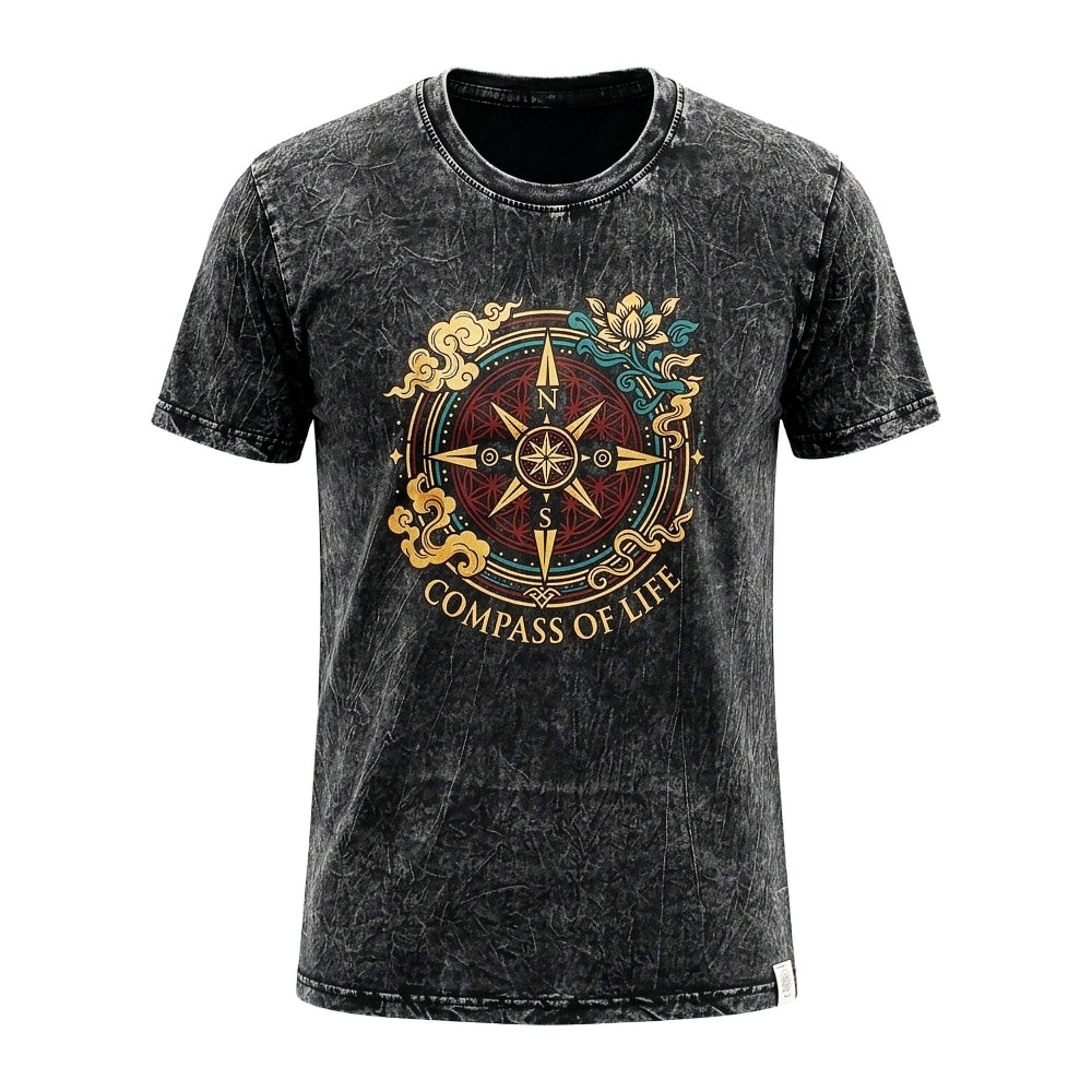 Nomad Sari Stonewashed Cotton T-Shirt | Compass of Life | Charcoal | Small