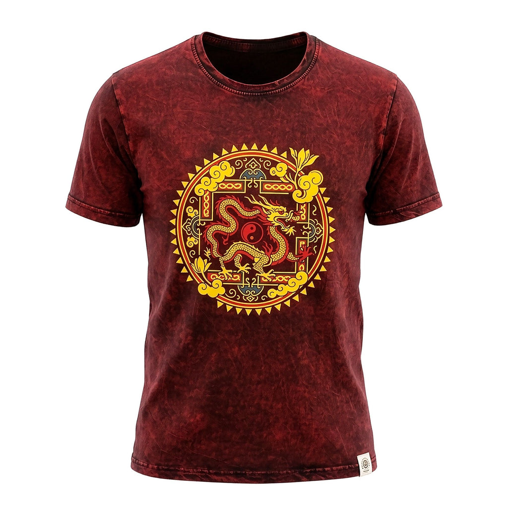 Nomad Sari Stonewashed Cotton T-Shirt | Dragon Mandala | Maroon | Medium