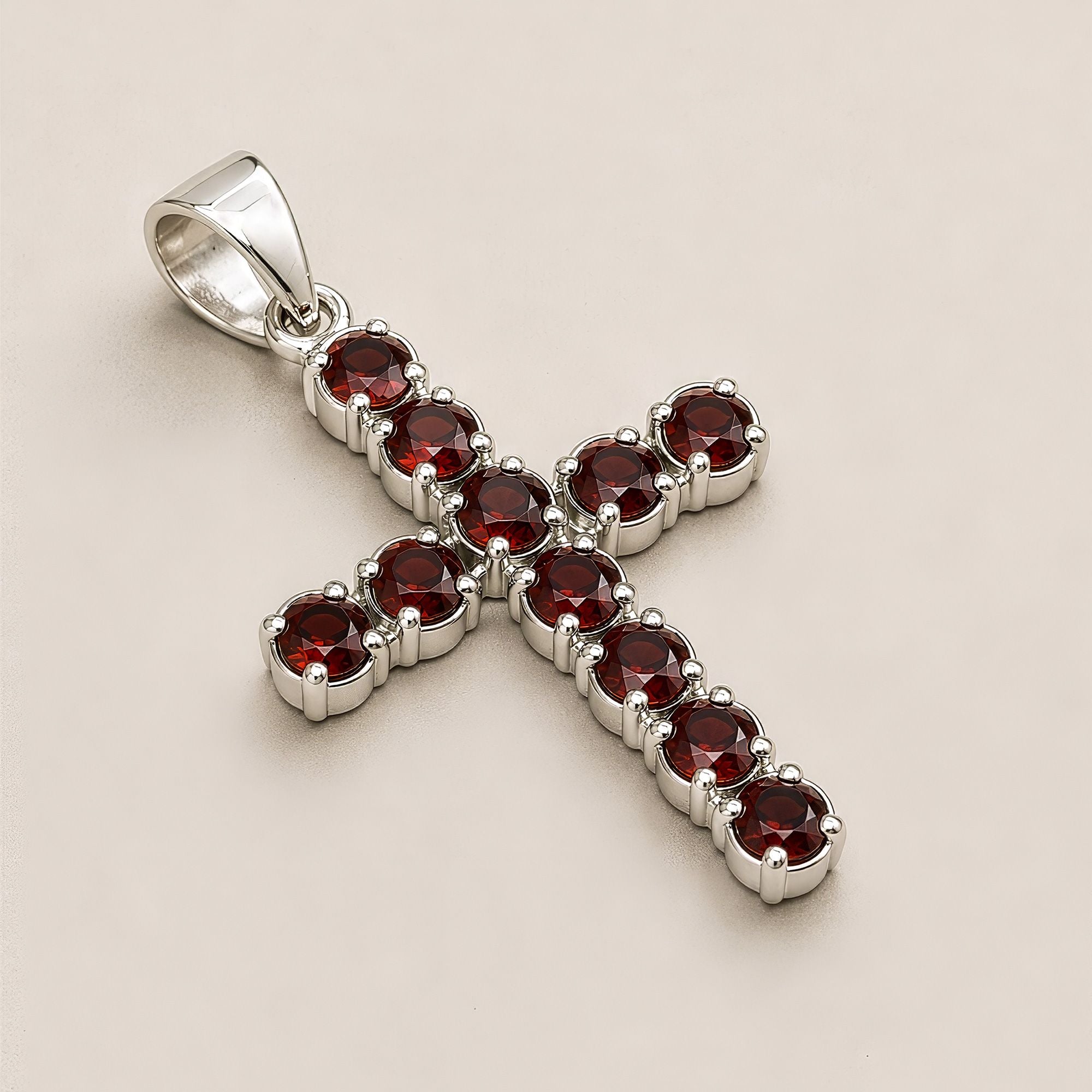 Garnet Crucifix Pendant | Silver Plated | 45cm Chain