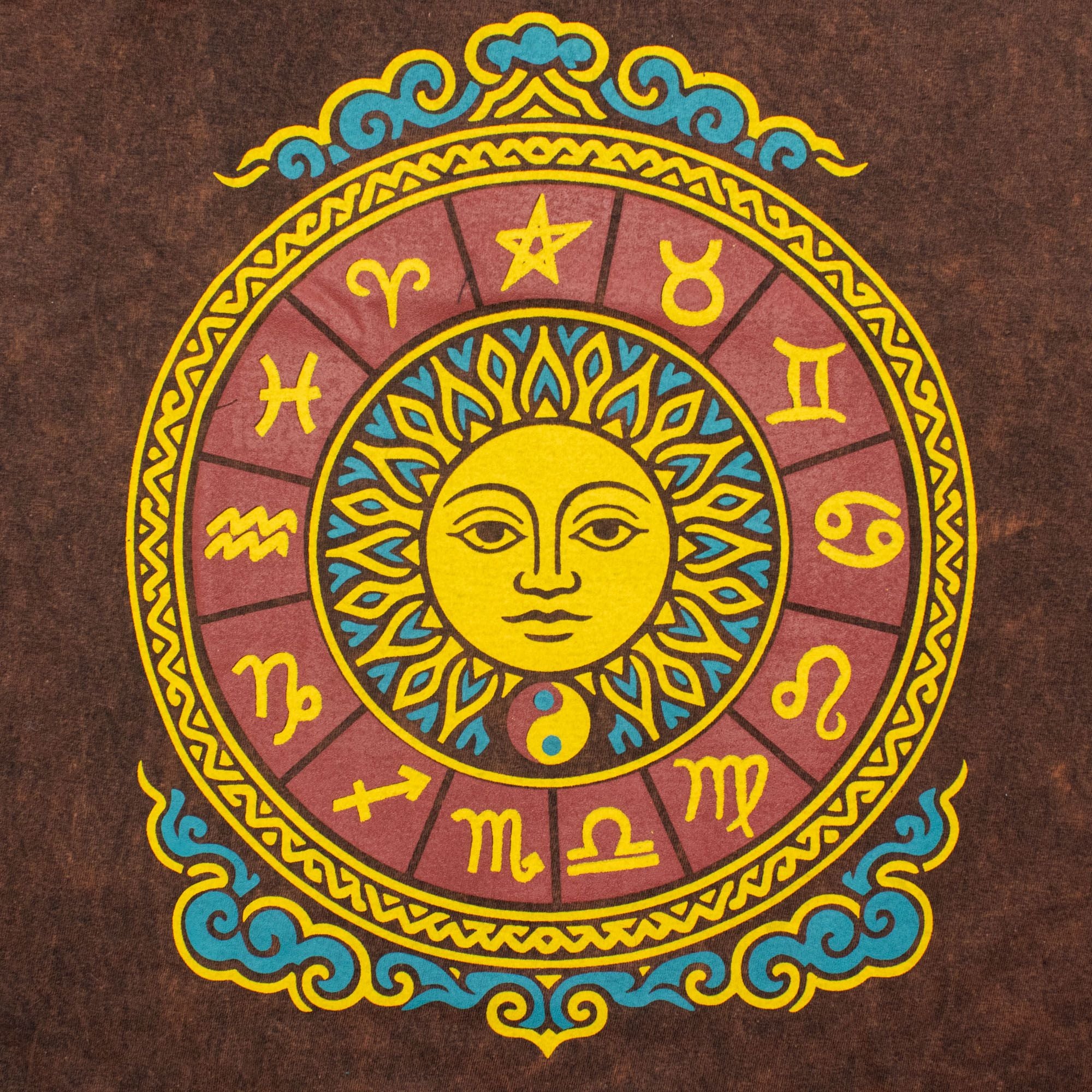 Nomad Sari Stonewashed Cotton T-Shirt | Sun & Zodiac | Brown | Large