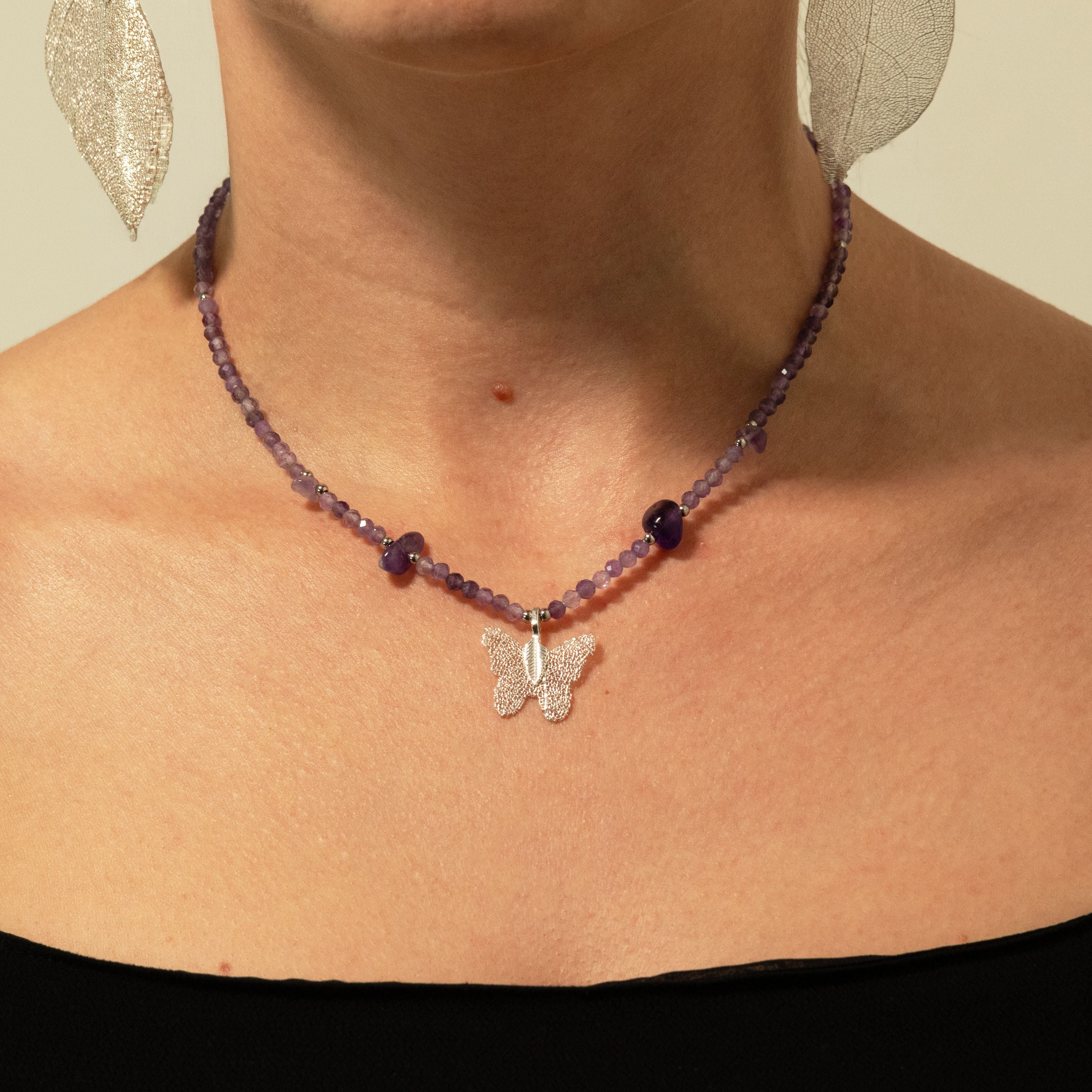 Nymph Amethyst Gemstone Necklace with Real Leaf Butterfly Pendant