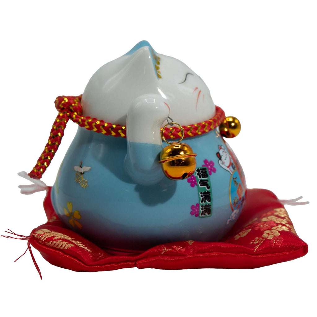 Blue Ceramic Money Cat on Cushion Moving Hand