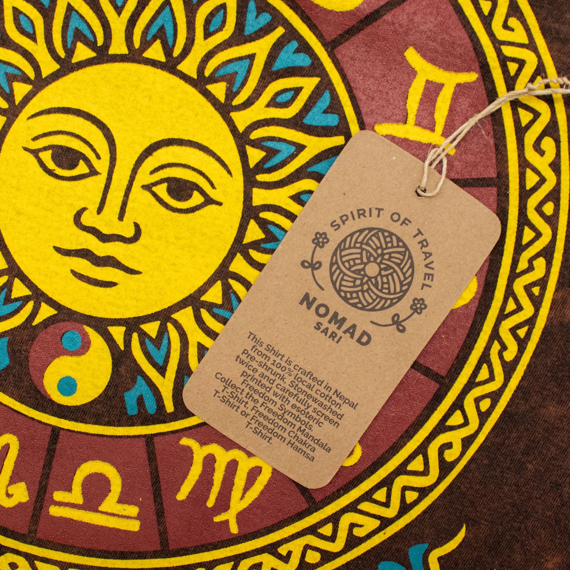 Nomad Sari Stonewashed Cotton T-Shirt | Sun & Zodiac | Brown | Large