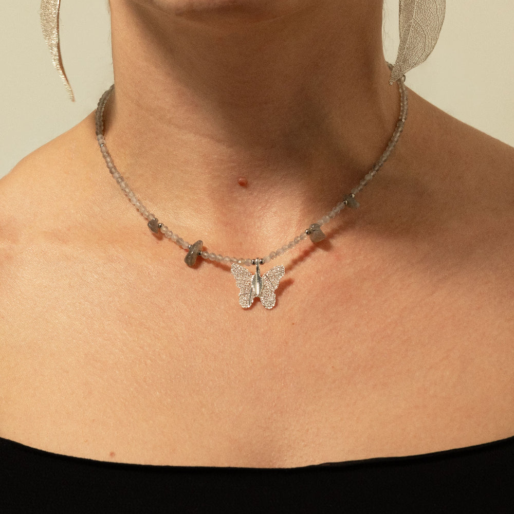 Nymph Labradorite Gemstone Necklace | Real Leaf Butterfly Pendant