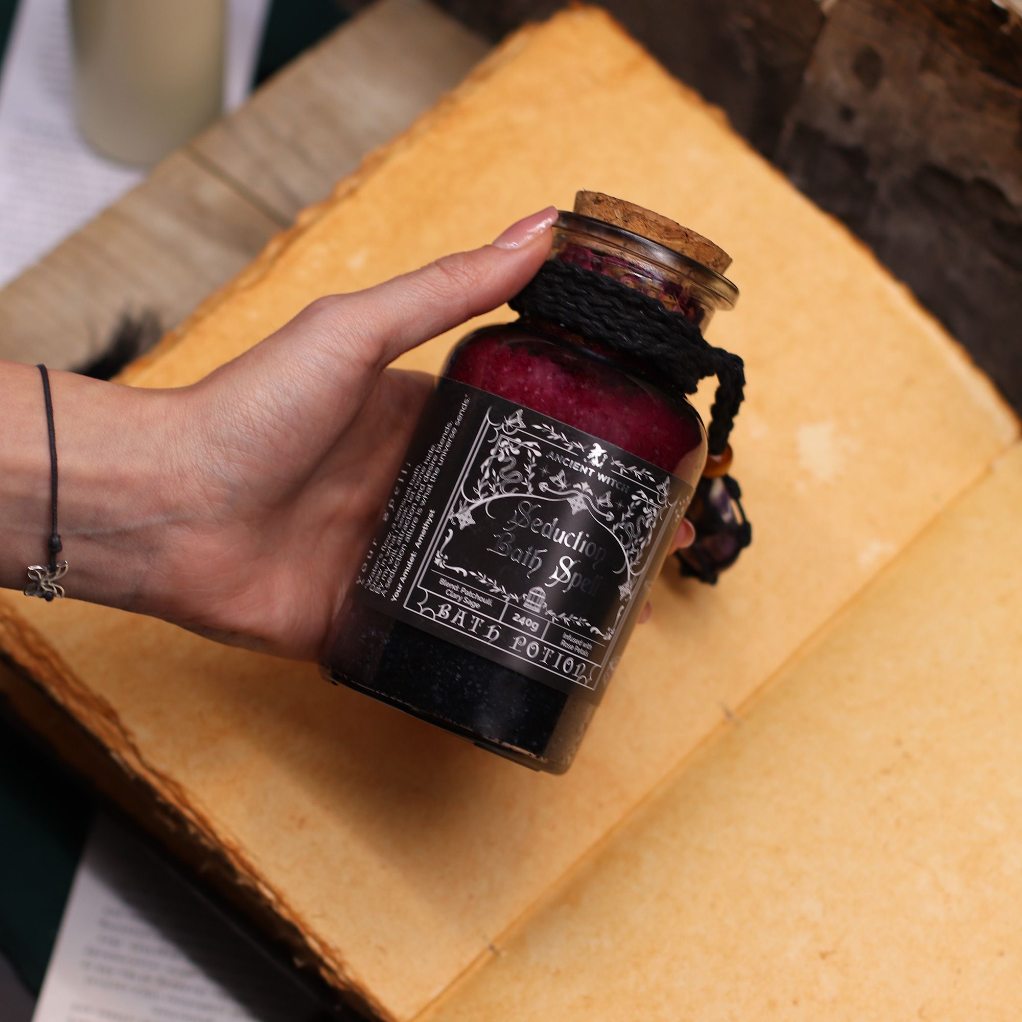 Ancient Witch Seduction Bath Spell Potion & Amethyst Crystal Amulet