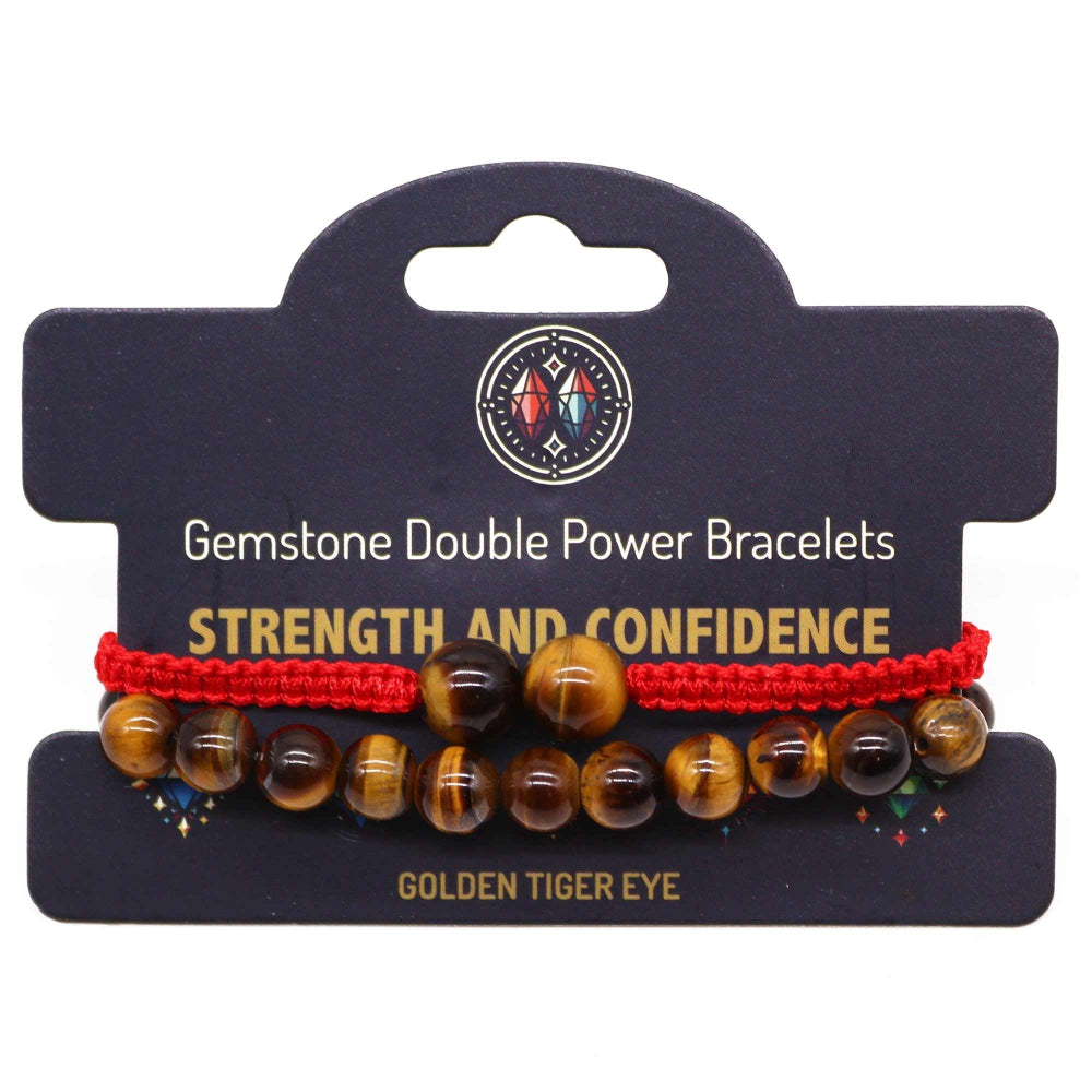 Gemstone double power bracelets on a display card with 'Strength and Confidence' text.
