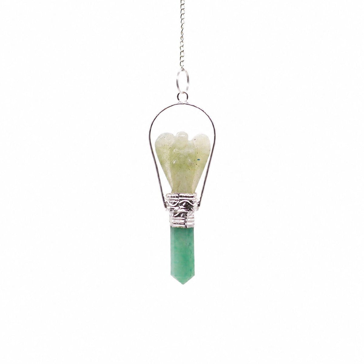 Green Aventurine Angel Pendulum | Carved Angel with Silver-Tone Ring