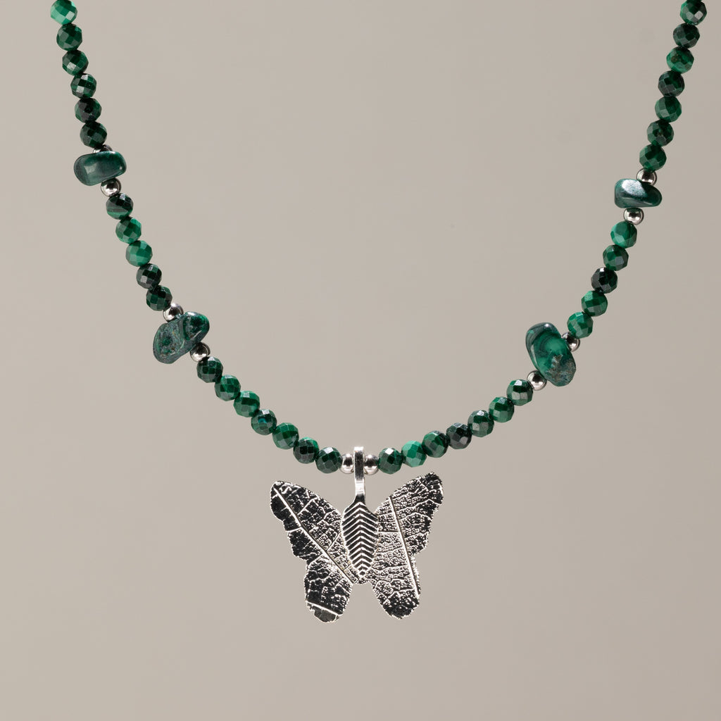 Nymph Malachite Gemstone Necklace | Real Leaf Butterfly Pendant