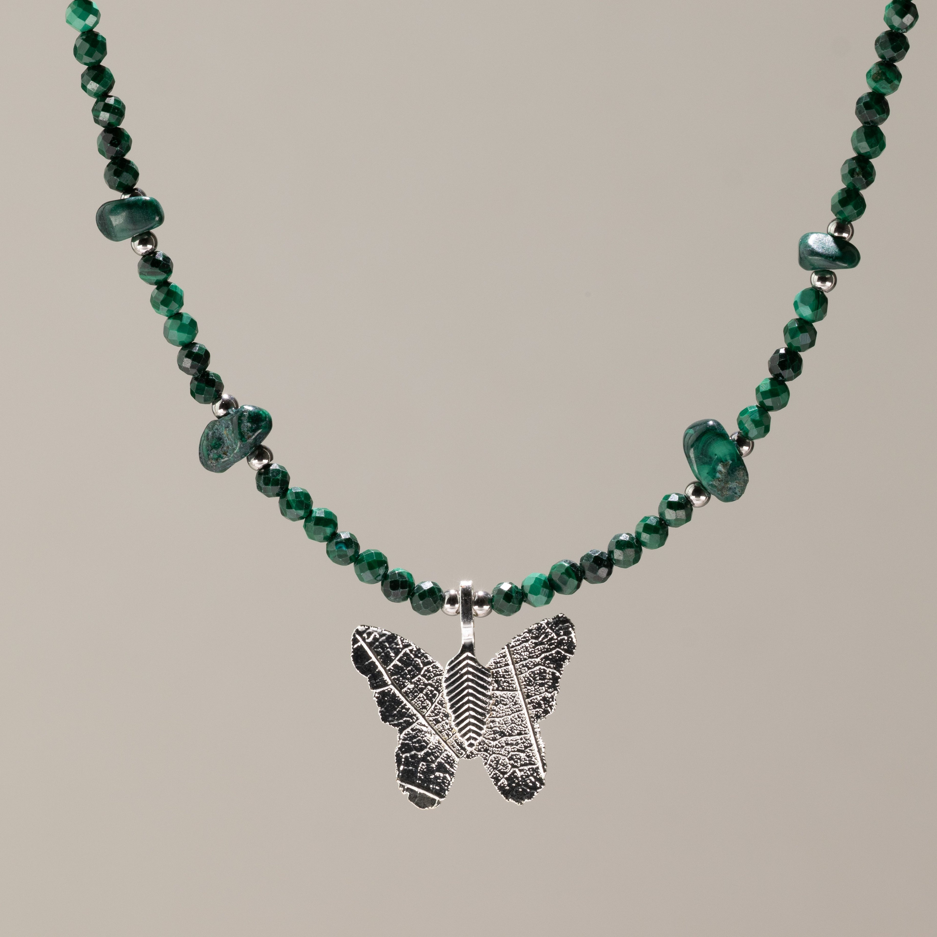 Nymph Malachite Gemstone Necklace | Real Leaf Butterfly Pendant