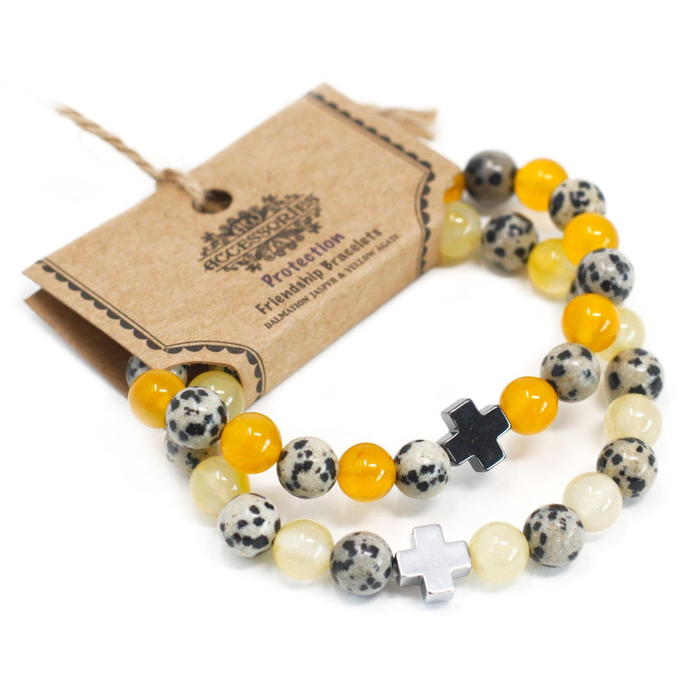Dalmatian Jasper & Yellow Agate Set of 2 Gemstones Friendship Bracelets - Protection