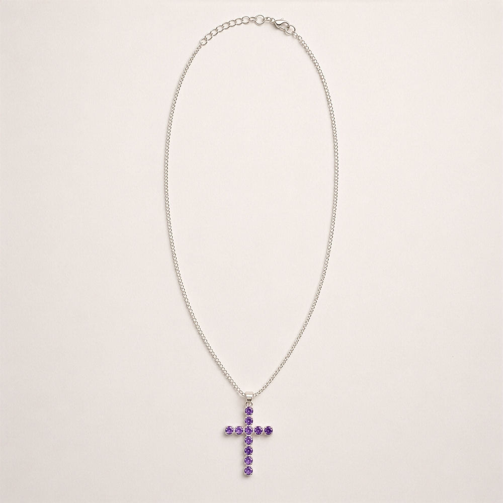 Amethyst Crucifix Pendant | Silver Plated | 45cm Chain