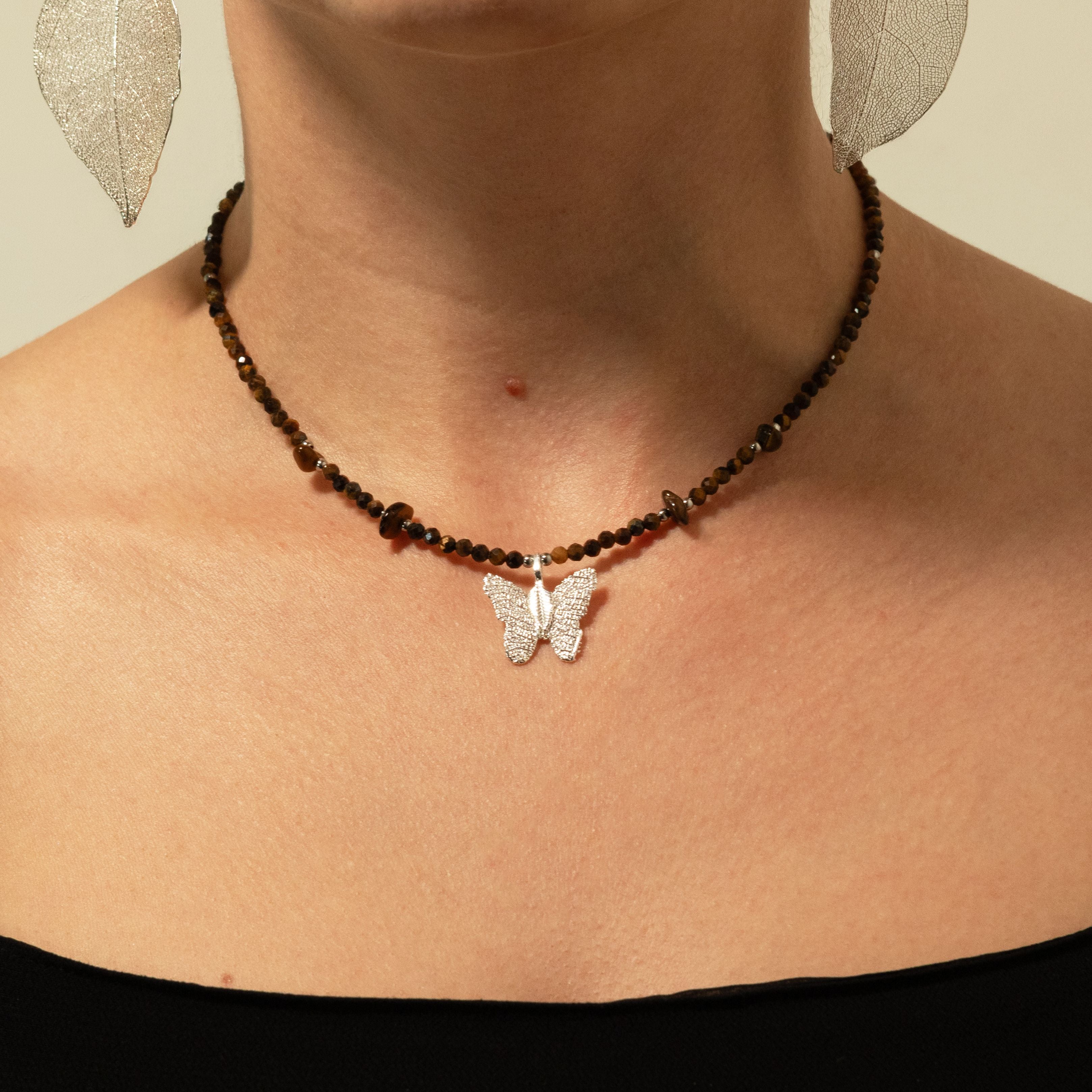 Nymph Tiger's Eye Gemstone Necklace with Real Leaf Butterfly Pendant