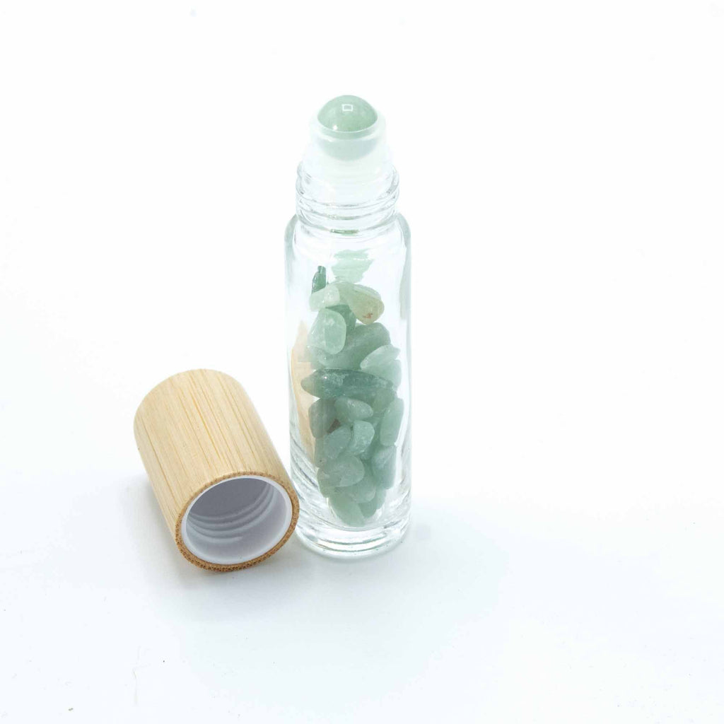 Green Aventurine Gemstone Essential Oil Roller Bottle | Wooden Cap