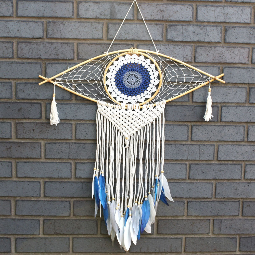 Evil Eye Protection Dreamcatcher | Large Macramé White, Blue & Grey 70cm