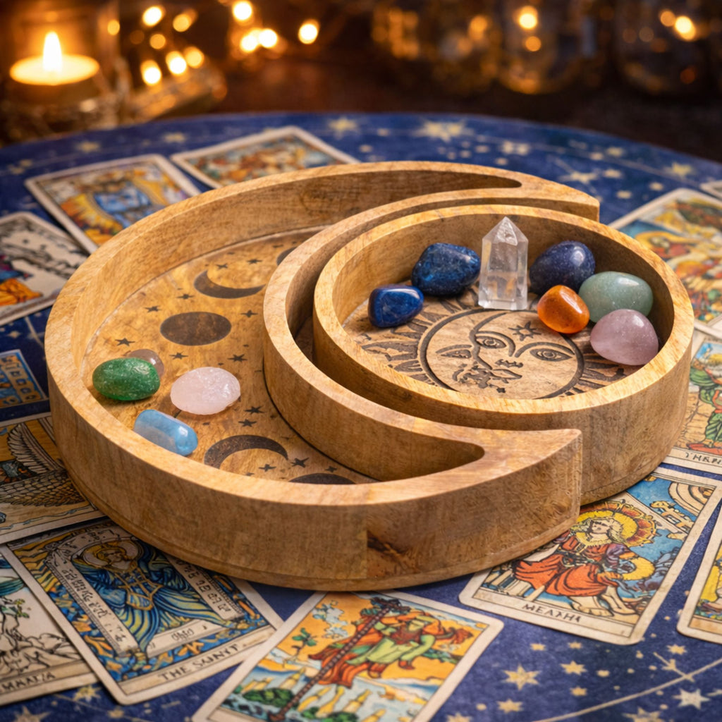 Celestial Sun & Moon Carved Tray Set | Wooden Altar Trays | Set of 2