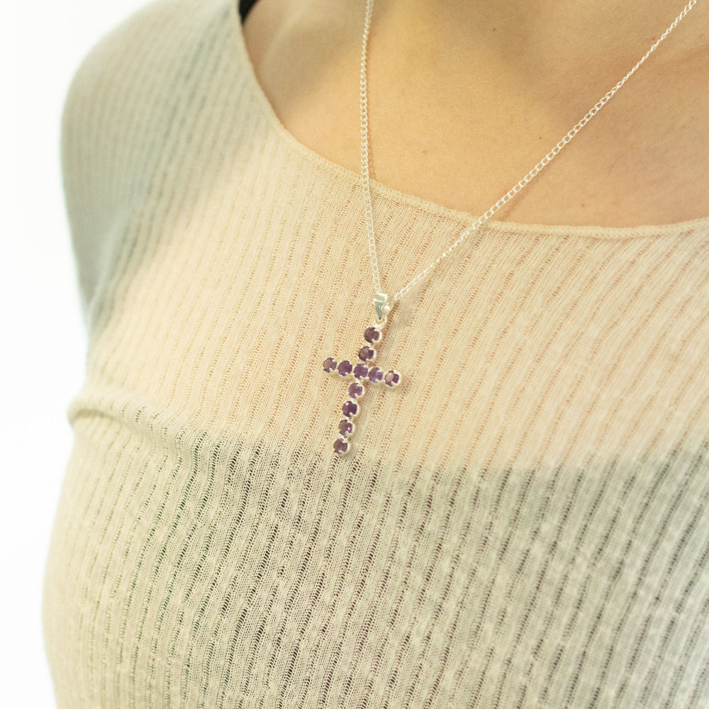 Amethyst Crucifix Pendant | Silver Plated | 45cm Chain
