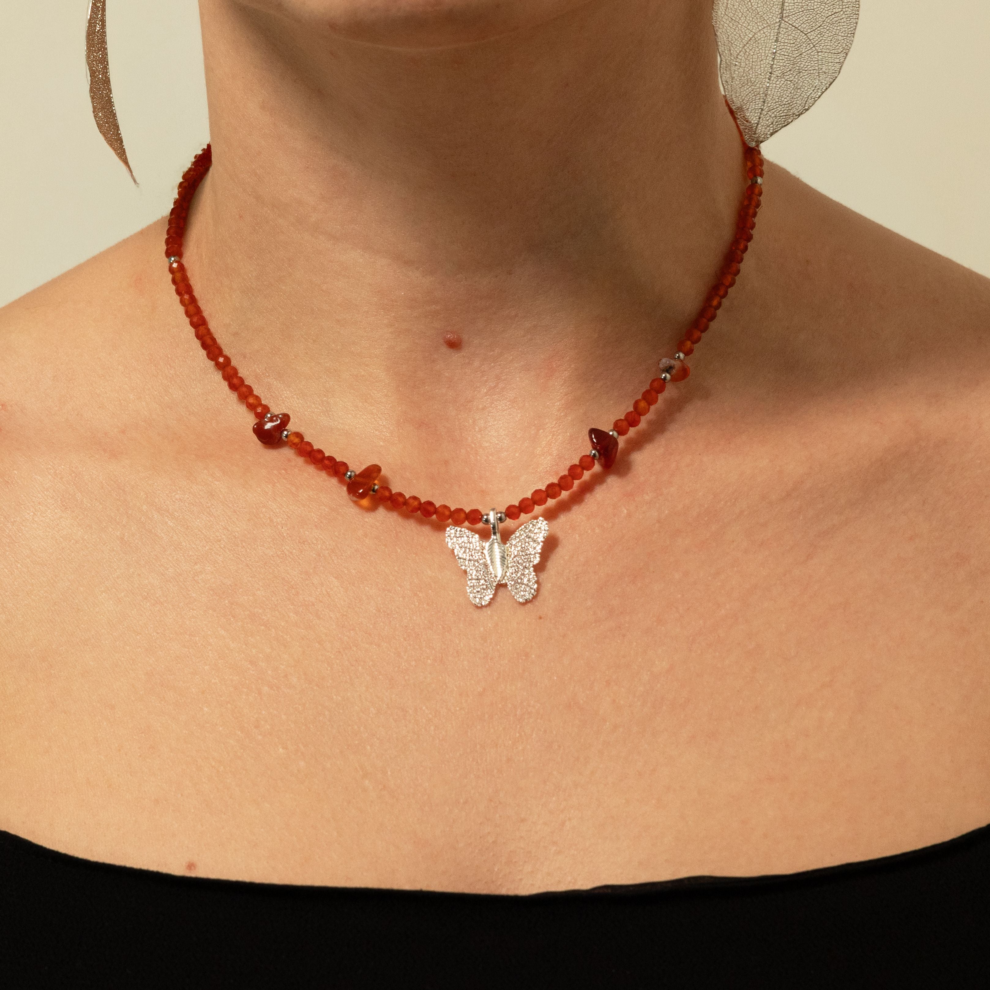 Nymph Ruby Gemstone Necklace with Real Leaf Butterfly Pendant