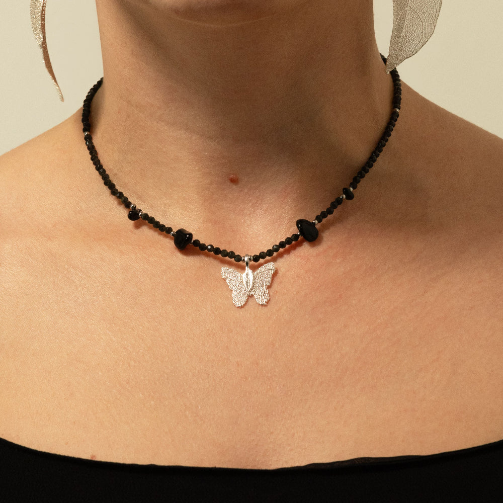 Nymph Black Obsidian Gemstone Necklace | Real Leaf Butterfly Pendant