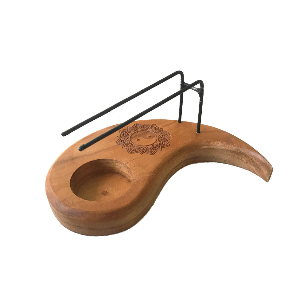 Wooden product with a black metal stand on a white background