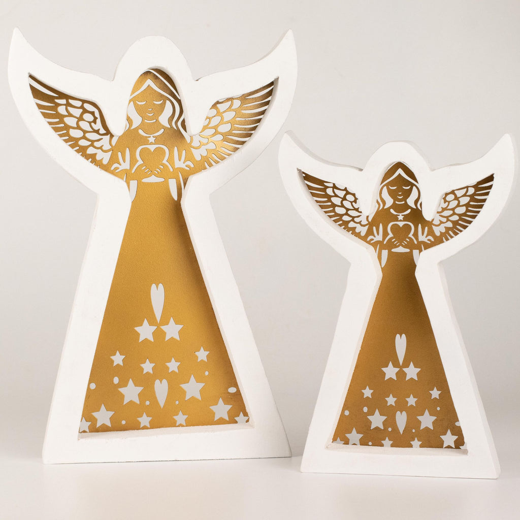 Whitewashed Mango Wood Angel Ornament with Iron Cut-Out