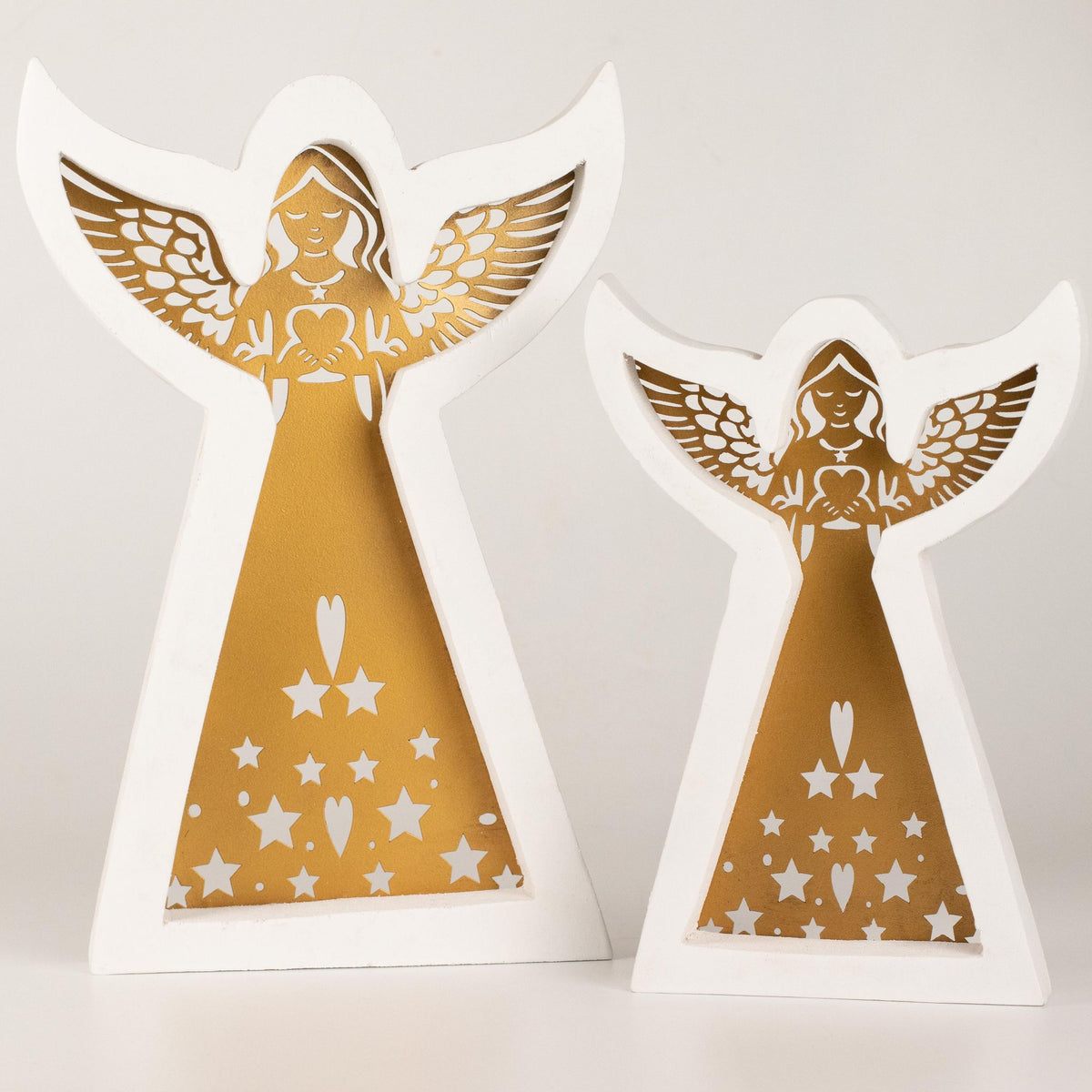 Whitewashed Mango Wood Angel Ornament with Iron Cut-Out