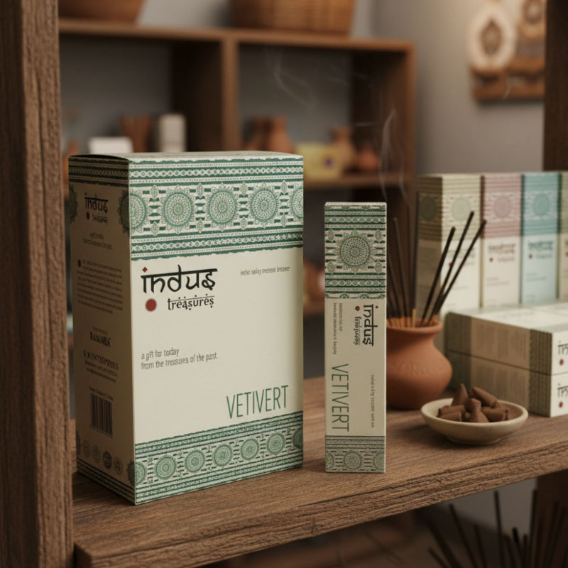 Indus Treasures Vetivert incense packaging on a wooden shelf with a blurred background