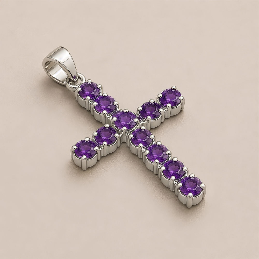 Amethyst Crucifix Pendant | Silver Plated | 45cm Chain