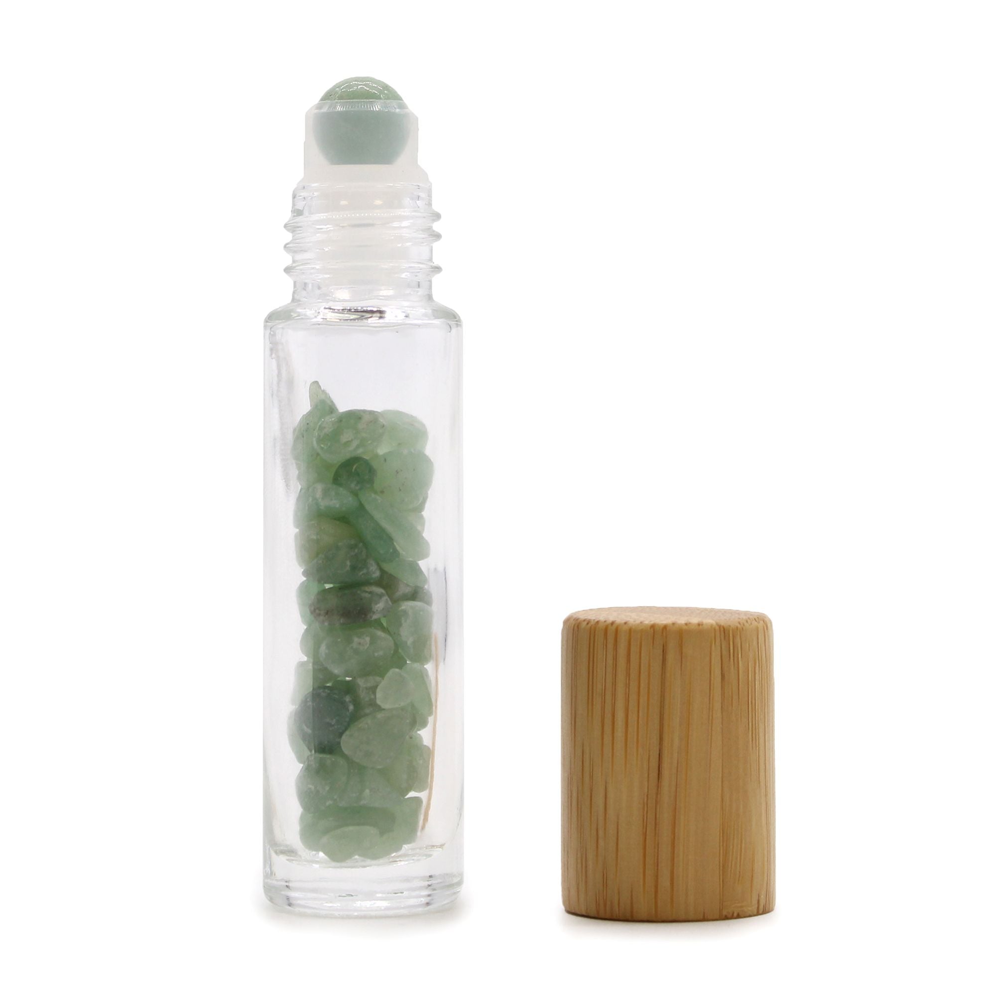 Green Aventurine Gemstone Essential Oil Roller Bottle | Wooden Cap