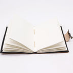 Open notebook with black binding on a white background