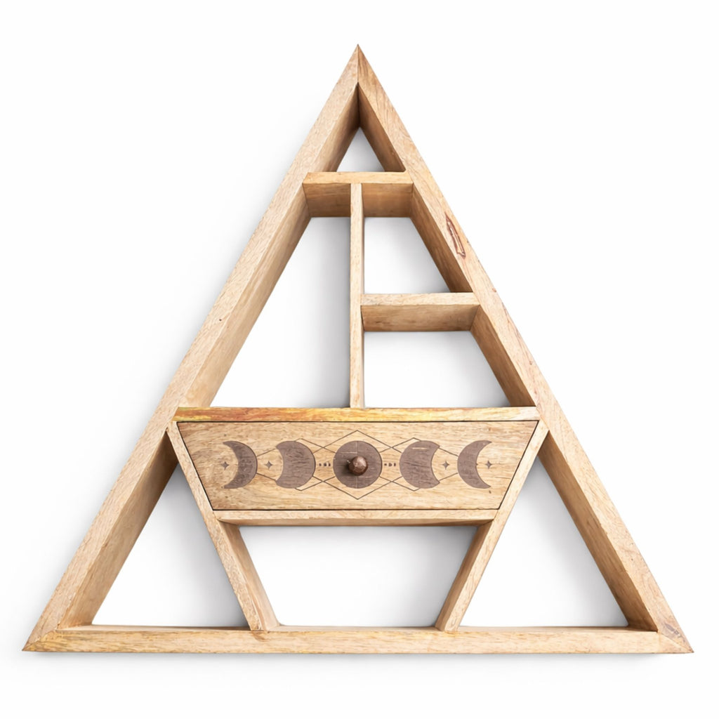 Triangle Wall Shelf with Moon Phase Drawer | Wooden Celestial Shelf